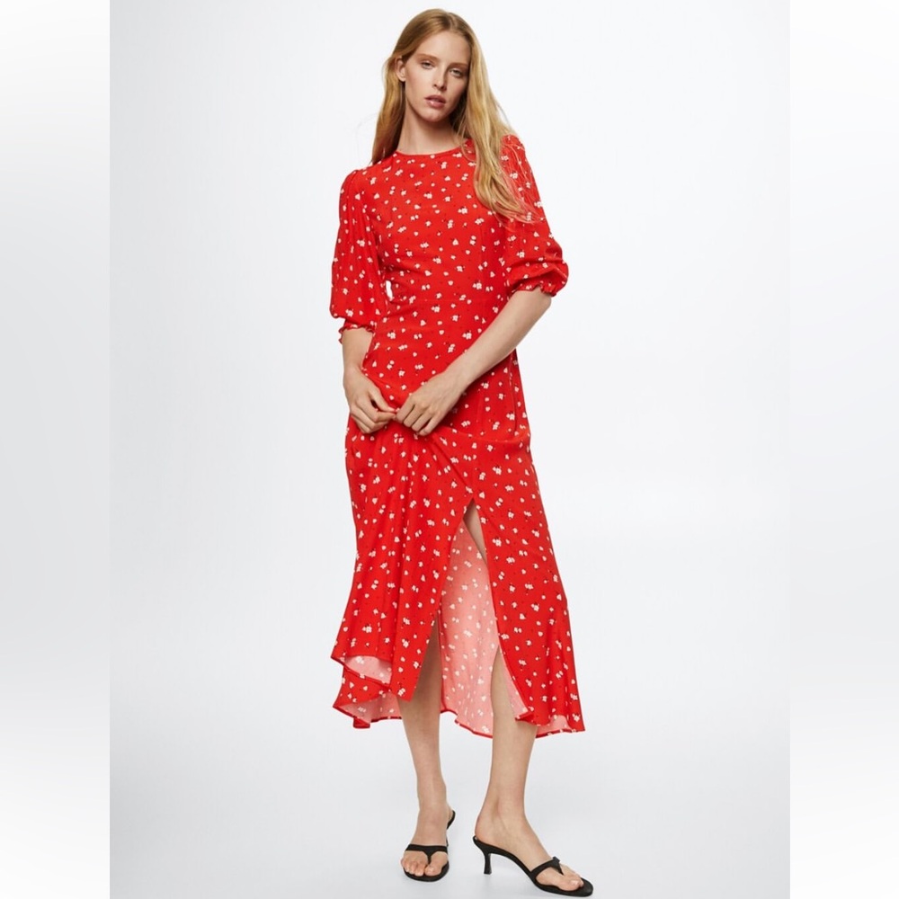 Mango Red Midi Dress with White Floral Print